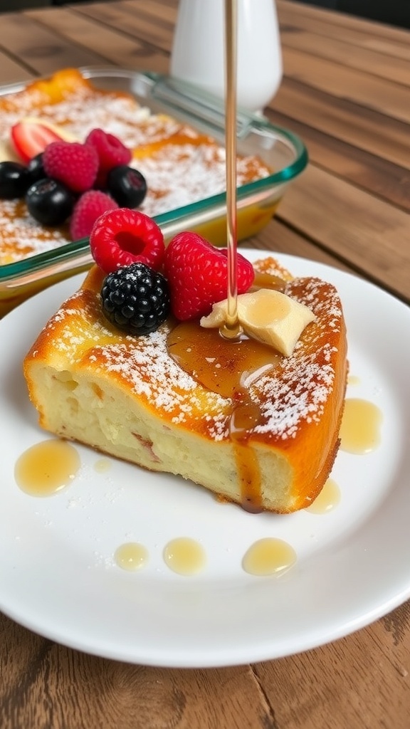 Baked French toast casserole with berries and maple syrup on a plate.